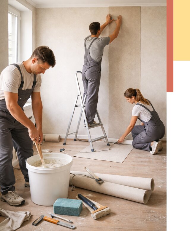 Оклейка стен обоями в Великом Устюге от 3563 руб/м2 — быстро и недорого | ОТДЕЛОЧНИК-Влс