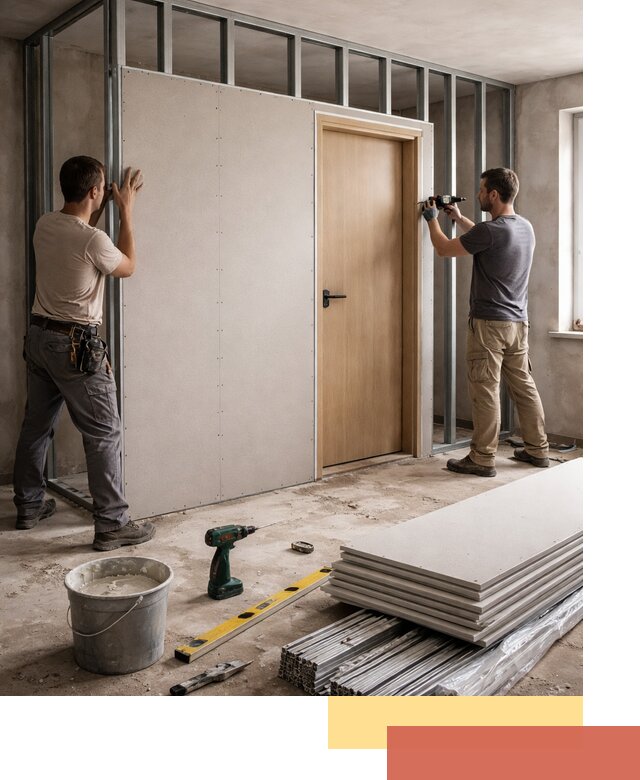 Перегородка из гипсокартона с дверью под ключ в Великом Устюге