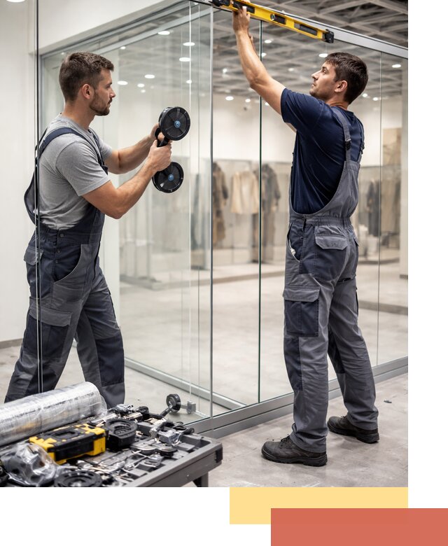 Стеклянные перегородки для магазинов в Великом Устюге — монтаж и установка