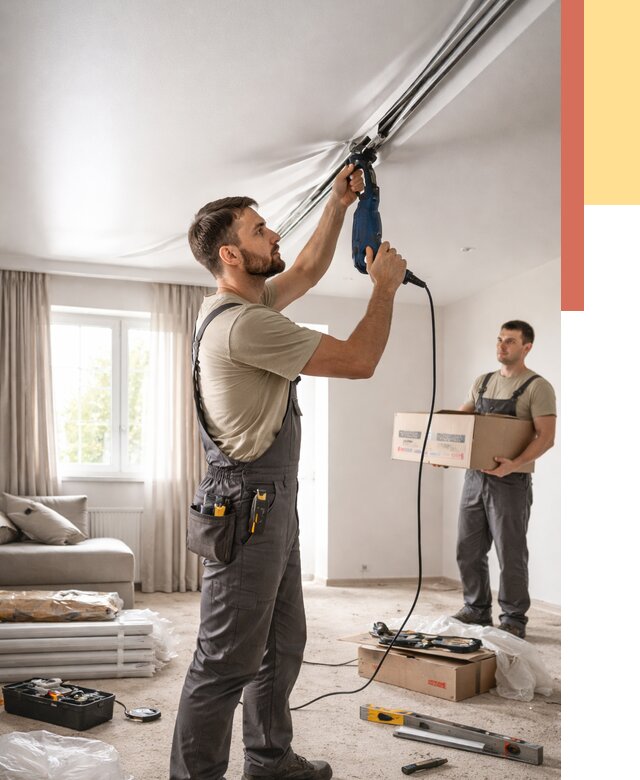 Монтаж сатинового натяжного потолка в Великом Устюге от 3563 руб. | Быстро, недорого — ОТДЕЛОЧНИК-Влс