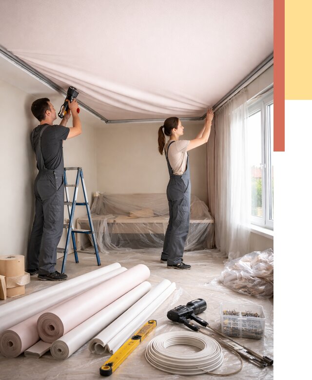 Монтаж цветного натяжного потолка в Великом Устюге от 4275 руб/м² — быстро и недорого | ОТДЕЛОЧНИК-Влс