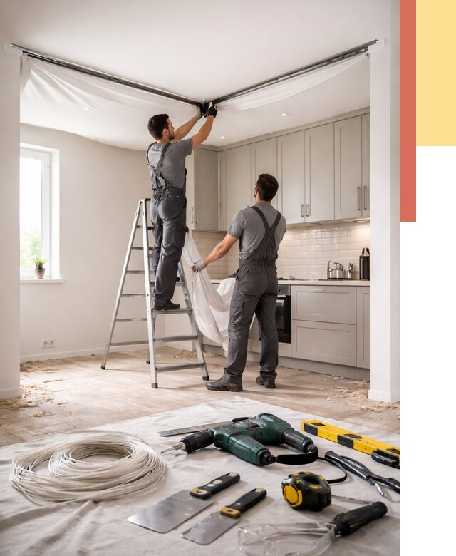 Установка натяжного потолка на кухне в Великом Устюге от 2443 руб. | ОТДЕЛОЧНИК-Влс